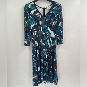 Erdem Blue Domitilla Fit and Flare blue patterned v neck Dress Size 6